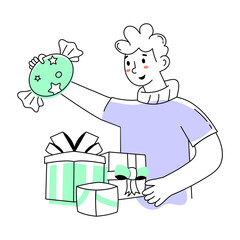 Trendy doodle mini illustration of receiving birthday gifts 