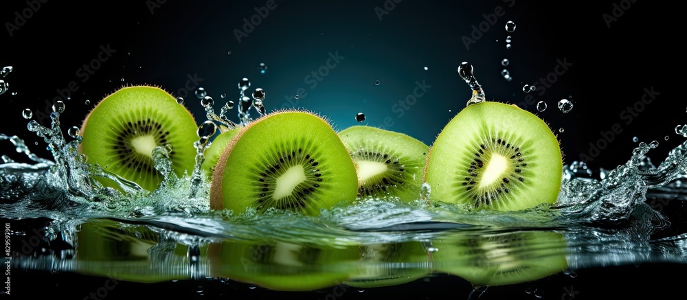 Poster kiwi fruit splashing in water creating ripples with copy space image