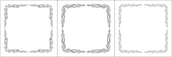 Set of three frames. Elegant black and white frame with Scandinavian ornament, decorative border, corners, isolated vector illustration.	