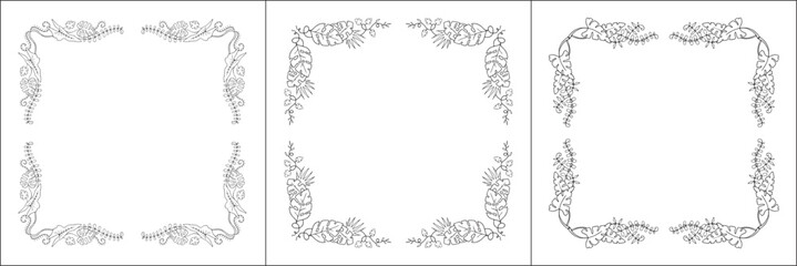 Set of three vegetal vector frames with tropical leaves. Black and white. Vector frame for all sizes and formats. Isolated vector illustration.	