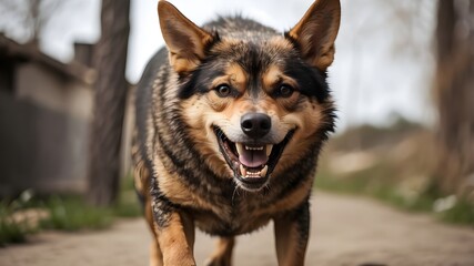 Aggressive dog with sharp teeth barks, growls and attacks viewer