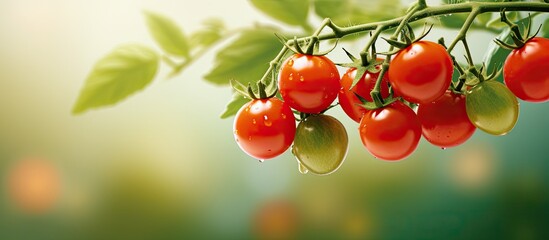 Branch with ripe cherry tomatoes Tomatoes on vine with copy space image - Powered by Adobe