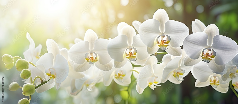 Canvas Prints Fresh floral background with blooming white moth orchid flowers Macro shot in a greenhouse with copy space image