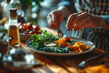 An overweight person cutting a plate of food using a knife and fork