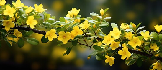 Vivid yellow blossoms set against a backdrop of rich green foliage create a striking composition with copy space image