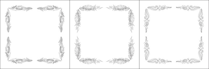 Set of three vegetal vector frames with tropical leaves. Black and white. Vector frame for all sizes and formats. Isolated vector illustration.	