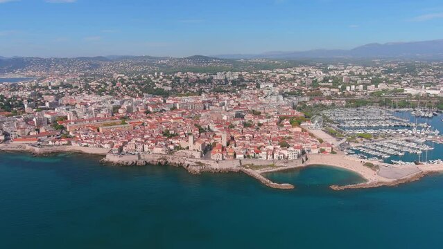 Antibes, France: Aerial view of famous resort town by Mediterranean Sea on French Riviera - landscape panorama of Europe from above
