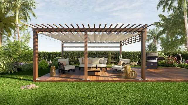 3D illustration clip of a luxury wooden teak deck with bbq grill and decor furniture. Horizontal truck shot of a wooden pergola in green garden.
