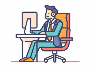 A man is sitting at a desk with a computer and a chair