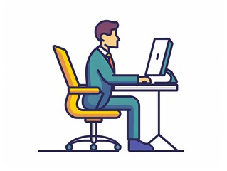 A man is sitting at a desk with a laptop and a yellow chair