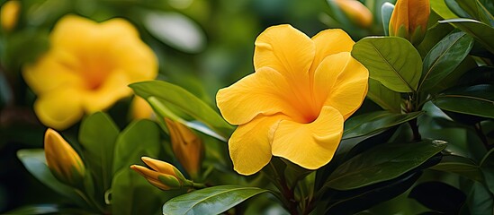 Fototapeta premium A pair of vibrant yellow Allamanda cathartica flowers situated atop a plant surrounded by lush green leaves and flowers set against a blurred natural backdrop leaving room for additional content