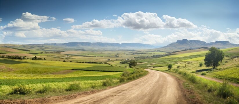 Scenic dirt road winding through agricultural fields in Napier Western Cape South Africa with a scenic copy space image