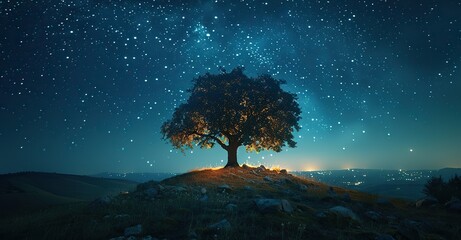 A lone tree on a hill, with the stars shining in the sky above, casting its silhouette against the night.