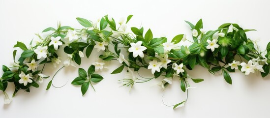 A green plant with white flowers used for hair beauty set against a white background in a copy space image