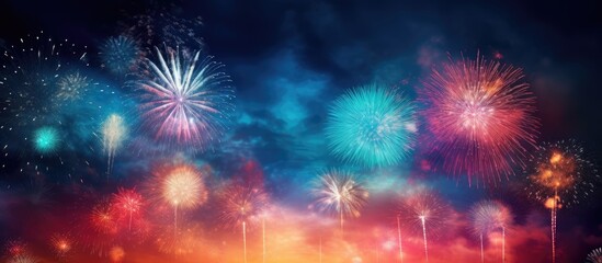Fototapeta premium A striking display of beautiful fireworks creating an impressive scene with a vibrant burst of colors against the night sky forming a perfect copy space image