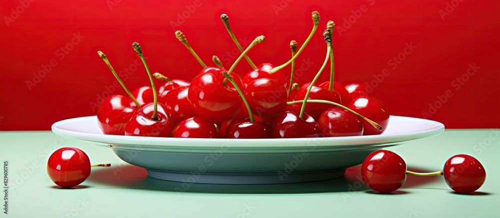 Canvas Prints Sour cherries in a vibrant red color on a plate with copy space image