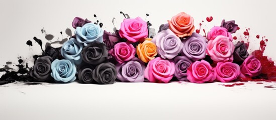 Create an artistic composition by blending black white and colored roses on a backdrop with an ample amount of empty space for additional elements or text known as copy space image