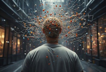 A man stands, his back to the viewer, as a brain-like structure emerges from his head.
