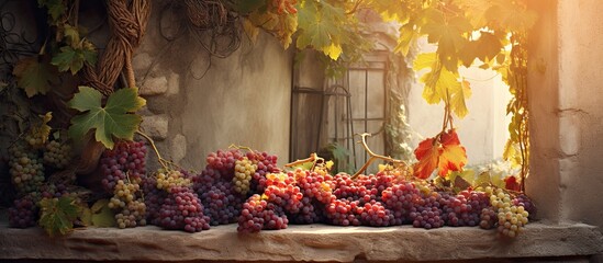 Grapes flourishing in the house s courtyard create a picturesque backdrop for the copy space image