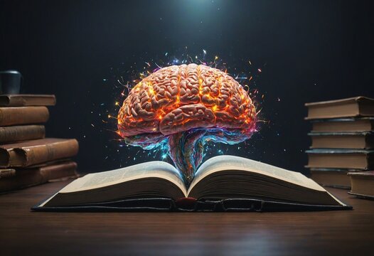 A brain floating above an open book with glowing pages, symbolizing the illumination of knowledge and inspiration, with a dark background.