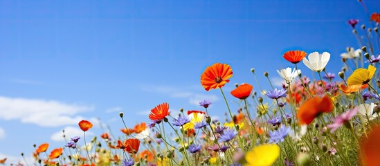 Vivid wildflowers bloom across the landscape in a colorful display creating a scenic vista with plenty of copy space image © Ilgun