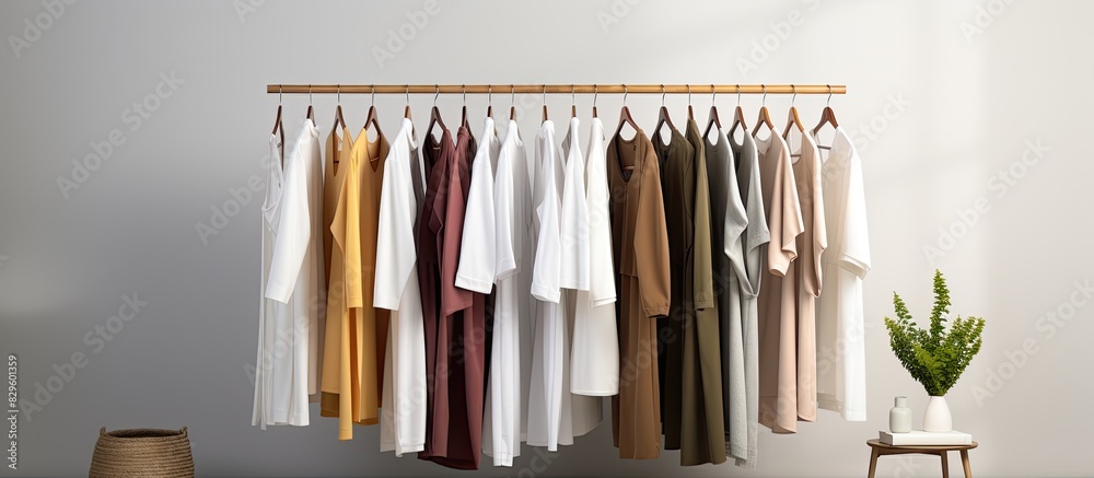 Poster Display white and bright clothing hanging on hangers against a gray backdrop featuring products from natural fabrics with copy space image