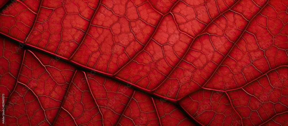 Wall mural view from below showing a detailed red leaf vein with copy space image