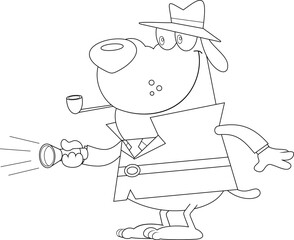 Outlined Detective Dog Cartoon Character Holding A Flashlight And Shines. Vector Hand Drawn Illustration Isolated On Transparent Background