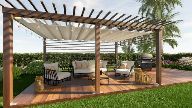 3D illustration clip of a luxury wooden teak deck with bbq grill and decor furniture. Side view orbit shot of a wooden pergola in green garden.