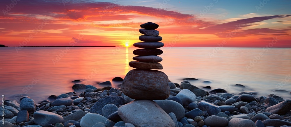 Poster Sunset setting with stones by the sea creating a serene scene with copy space image