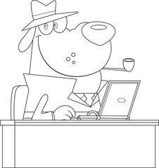 Outlined Detective Dog Cartoon Character Sitting On The Desk With A Laptop. Vector Hand Drawn Illustration Isolated On Transparent Background