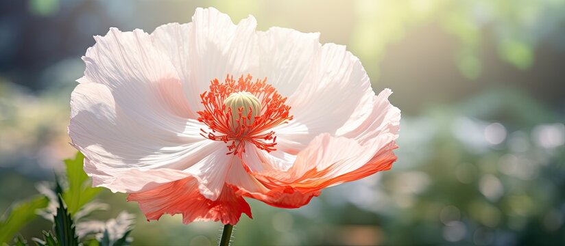 Detailed close up image of a white red Papaver orientale flower in a spring garden with a backdrop suitable for text or other elements. Copy space image. Place for adding text and design
