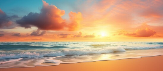 Beach sunset providing a picturesque backdrop with a stunning copy space image