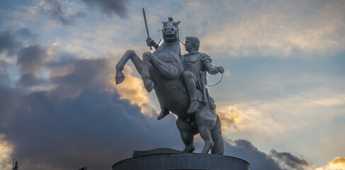 Bronze monument of Alexander the Great in Skopje at sunset