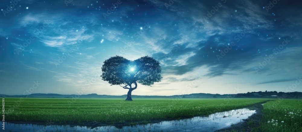 Wall mural heart shaped tree in a paddy field with milky way backdrop in a rural setting perfect for a copy spa