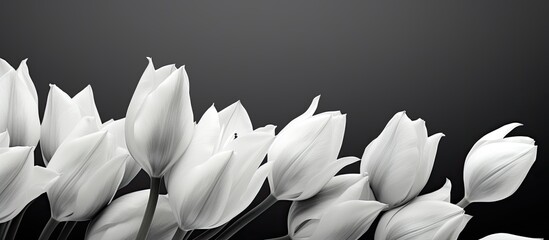 A photograph showing black and white tulips with copy space image