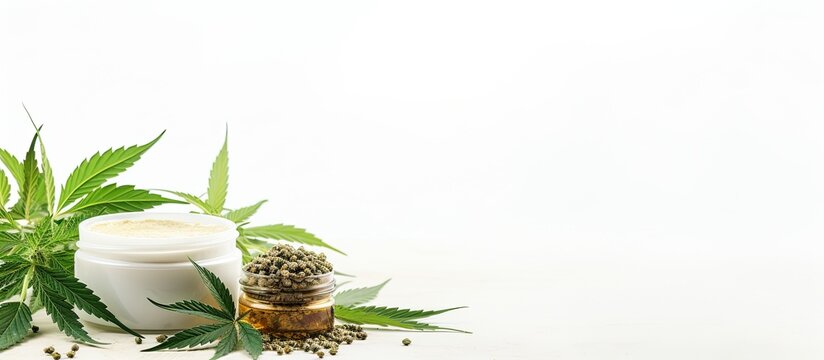 Cannabis seeds young hemp leaves CBD oil and empty cosmetic tub on white background For cosmetic treatment therapy. Copy space image. Place for adding text and design