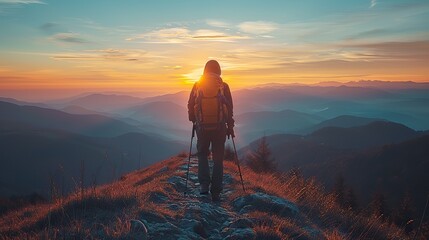 The silhouette of a hiker trekking through the wilderness, their outline framed by the rugged landscape.