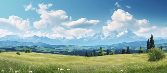 Fototapeta premium Vertical photograph of a springtime mountain landscape under clear skies offering a picturesque view with copy space image
