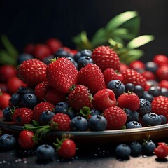 vibrant and appetizing assortment of fresh berries, including strawberries, raspberries, and blueberries, piled high in a shallow bowl
