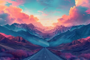 A surreal landscape featuring a road leading to majestic mountains under a vibrant sunset with colorful clouds painted across the sky.