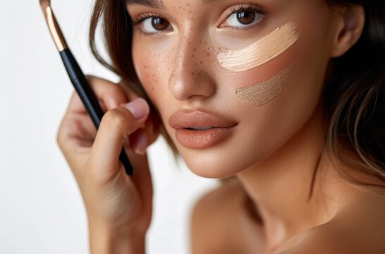 Young Asian woman with Contour and Highlight makeup sample,Young beautiful womman applying makeup using a brush,Professional Contouring face make-up over,Make up woman face.