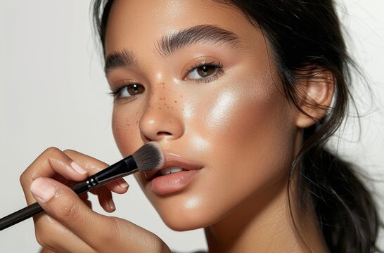 Young Asian woman with Contour and Highlight makeup sample,Young beautiful womman applying makeup using a brush,Professional Contouring face make-up over,Make up woman face.