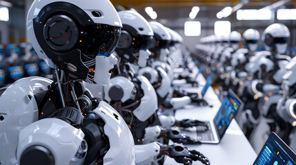 Fototapeta premium Robots working in a factory, using laptops and automation technology.