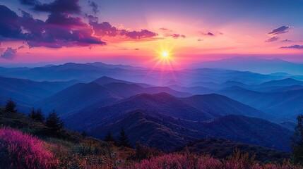 The silhouette of a mountain range, standing tall against the backdrop of a colorful sunrise.