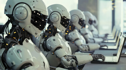 Fototapeta premium Robots working on computers in a modern office setting