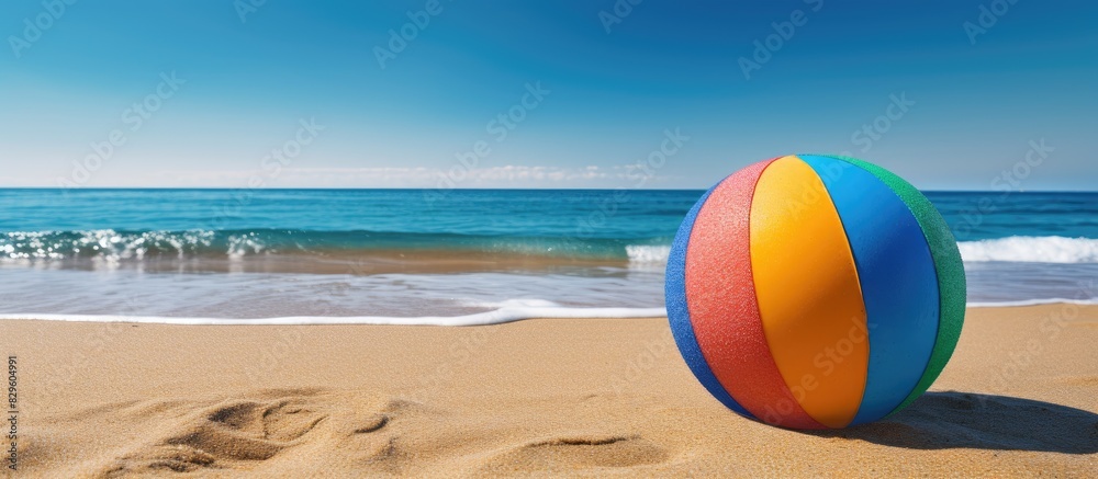 Sticker Beach ball with copy space image by the sea shore