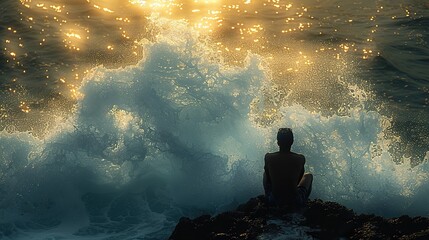 Obraz premium The silhouette of a person sitting on a rock by the ocean, with the waves crashing against the shore, casting their shadow.