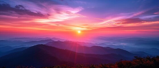 A breathtaking sunrise over a mountain range, with vibrant pink and blue hues in the sky.