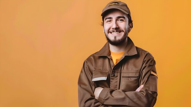 Cheerful UPS Driver Exuding Joy and Professionalism in Sunlit Delivery Scene